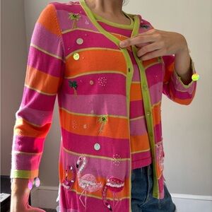 Y2K Fairycore Set Cottage Beaded Flamingo Palm Tree Fairy Sequin Top Cardigan